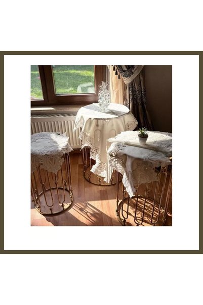 northcity n Gülseda Model Cream-Cream 5-Piece Linen Tablecloth and Table Runn...
