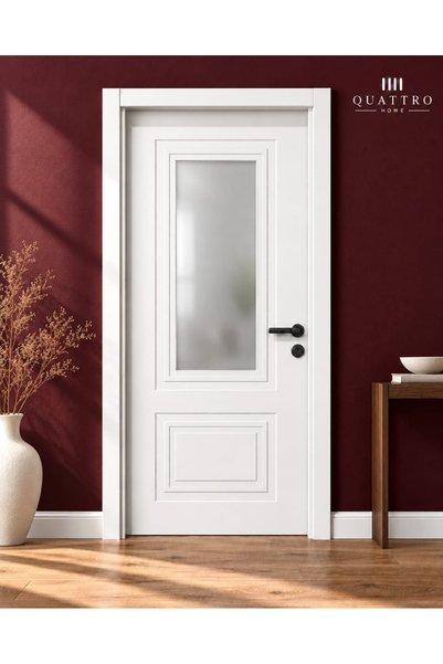 QUATTRO HOME Beyaz Buzlu Camlı Çift Panelli Melamin İç Oda Kapısı 90 lık dışt...