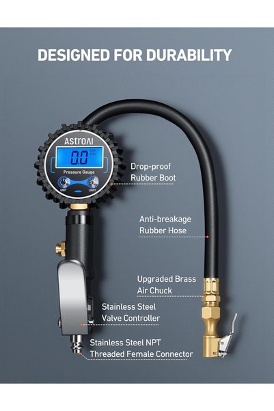 Abingdon Pr مقياس ضغط الإطارات الرقمي من ABIN مع مضخة هواء (3-250 PSI بدقة عر...