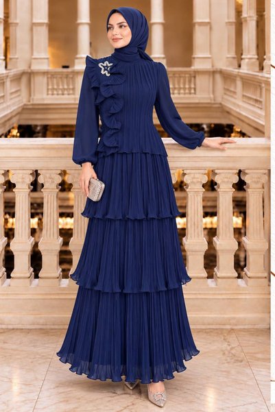 N.S NEVA STYLE Navy Blue Modest Evening Gown with Floral Appliqué and Layered...