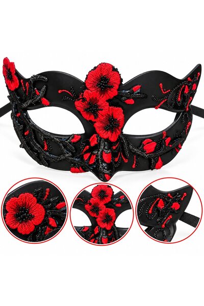 VARENTIS Masca de carnaval neagră elegantă pentru femei, cu flori roșii, masc...