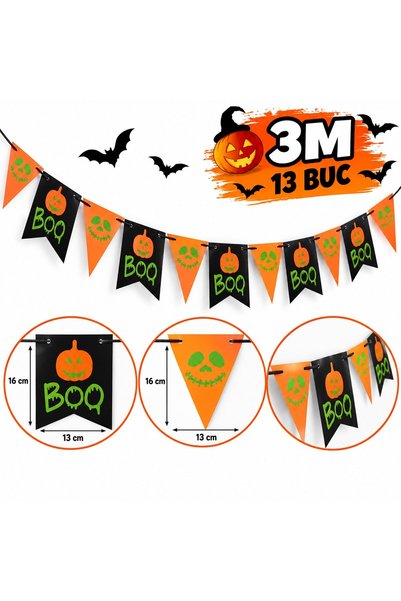 VARENTIS Ghirlandă decorativă de hârtie de Halloween, 3 m, 13 steaguri Boo cu...