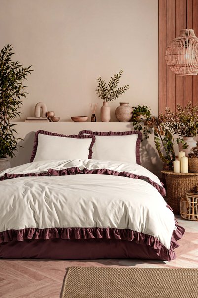 Macas Home Silenos 100% Cotton Ruffled Thread-Dyed Double-Size Duvet Cover Se...