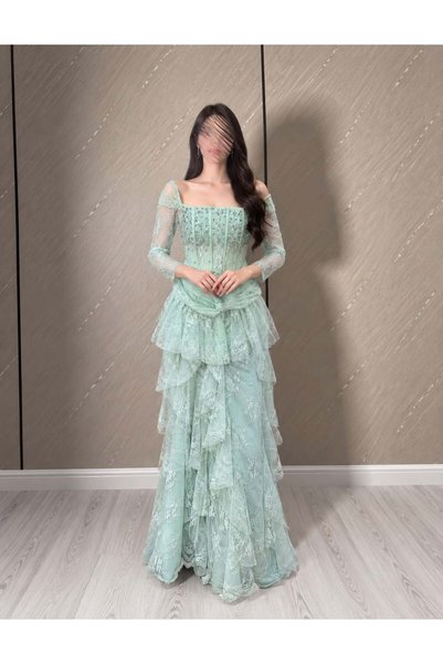 BAKLAFASHO Lace Layered Long Sleeve Off Shoulder Evening Dress - Mint Green