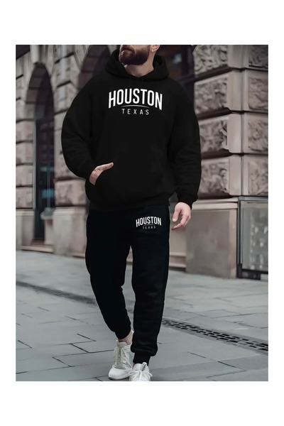 LOTS MODA Unisex Black Printed Combed Cotton Tracksuit Set