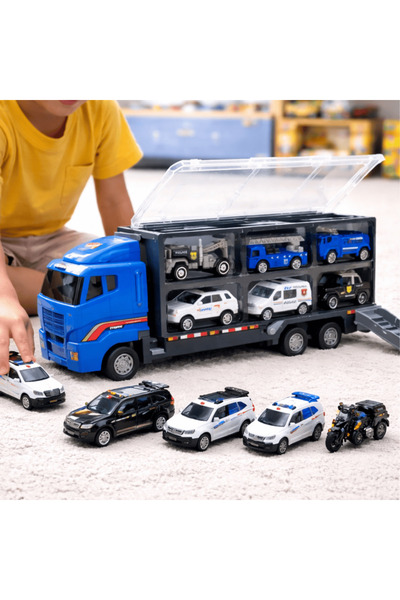 Generic Brand Set camion transport cu 6 mașinuțe metalice de poliție