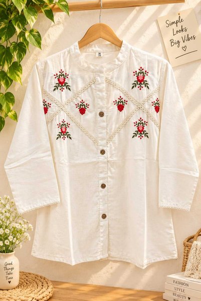 Generic Brand LINEN COTTON EMBROIDED SHORT TOP FOR WOMEN