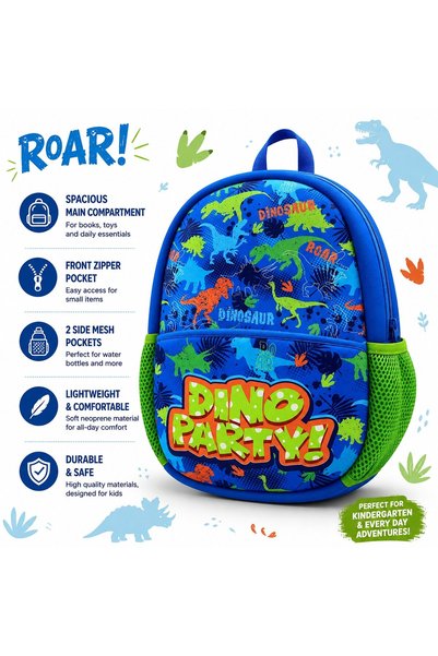 VARENTIS Rucsac de grădiniță pentru băieți cu dinozauri, neopren, buzunar fro...