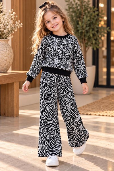 KOZADANKIDS Girls' Zebra-Print Sweatshirt and Wide-Leg Pants Set – Terry Clot...