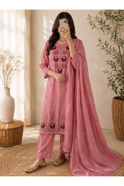 Generic Brand PURE MUL CHANDERI EMBROIDED STICHED 3 PIECE SUIT FOR WOMEN XL ONLY