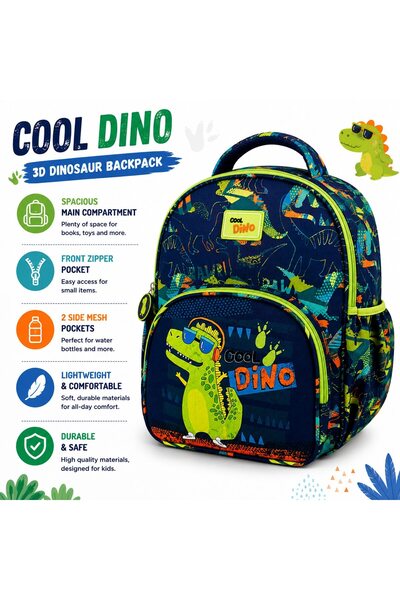 VARENTIS Rucsac de grădiniță pentru băieți, albastru, cu dinozaur 3D, 2 compa...