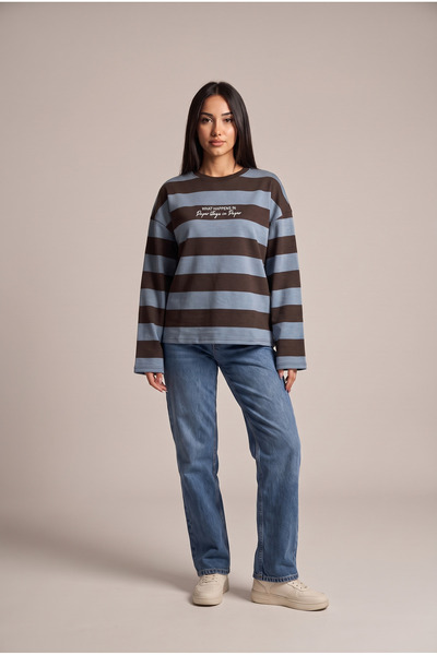 MİROR Women's Oversized Long-Sleeve Sweatshirt with a Crew Neck and Wide Stripes