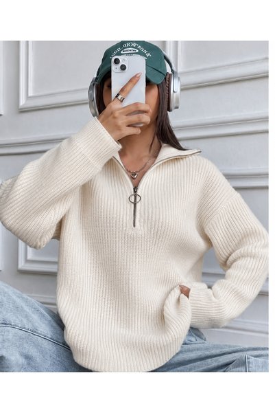 FAVORİST Women's Half-Zip Mock Neck Loose-Fit Corded Fabric Knit Sweater Set