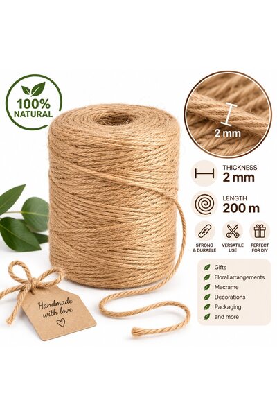 VARENTIS Sfoară de iută 2 mm x 200 m, rolă de sfoară de iută rezistentă pentr...