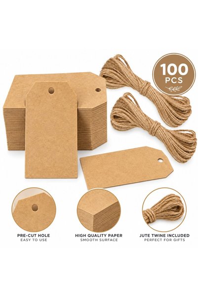 VARENTIS Set de 100 etichete de hârtie 4x7 cm cu gaură și sfoară de iută, eti...