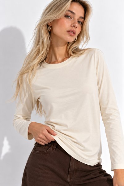 WILD BEE Women's Beige Crew Neck Long Sleeve Blouse