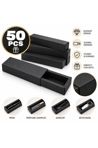 VARENTIS Set de 50 de cutii negre alungite cu sertar 10x4x2.2 cm, cutii cadou...