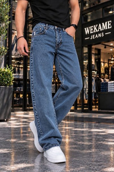 WKM Men's Baggy High Denim Jean Snow Wash Pants
