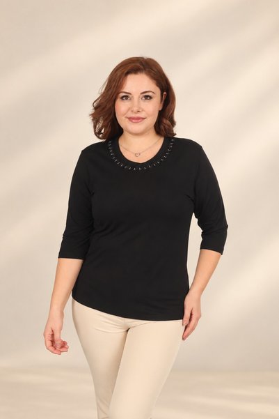 By Saygı Women's Blouse with Beaded Collar Detail, Stretch Fabric Viscose, Pl...