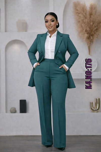 Kadın Çift Sıralı Düğmeli Blazer Ceket Bol Paça Kumaş Pantolon Alt Üst Takım