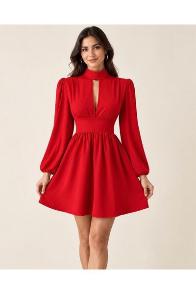 AbiyeSultan Women's High Neckline Low-Cut Detailed Waist Fitted Balloon Sleev...