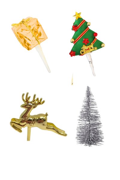 PASTRY PLANET New Year's Cake Topper Set (4 Pieces) Gift, Fir Tree, and Reindeer