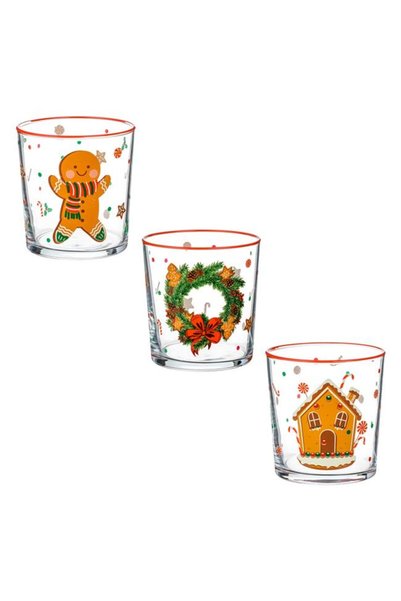 ANTBRO Set de 3 pahare din sticlă transparentă cu design Omuleț de turtă dulc...