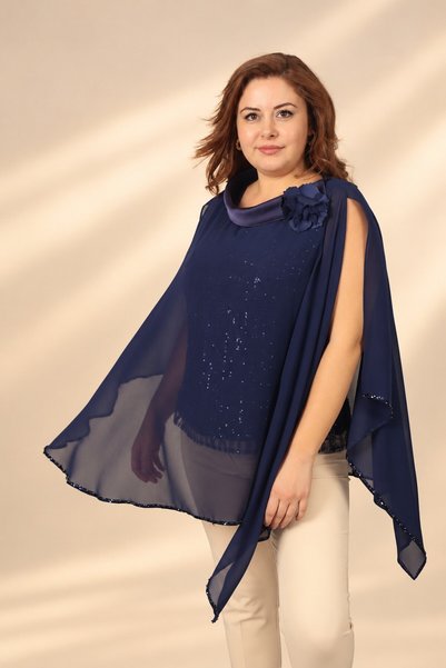 By Saygı Plus-Size Chiffon Cape with Satin Collar and Sequin-Embellished Hem ...