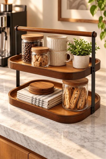 Atbyhome 2 Katlı Akasya Metal Standlı Tezgah Üstü Organizer 22x32 cm - Kulplu...