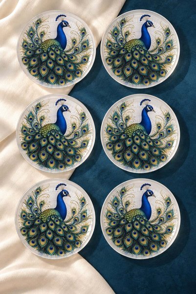 Ahenk Ev&Sofra Set of 6 Glass Dessert Plates - Peacock Pattern, 16 cm - 6 Des...