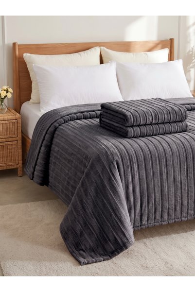 Destan Home Stripe Fluffy Double Blanket 220x240 cm - Anthracite