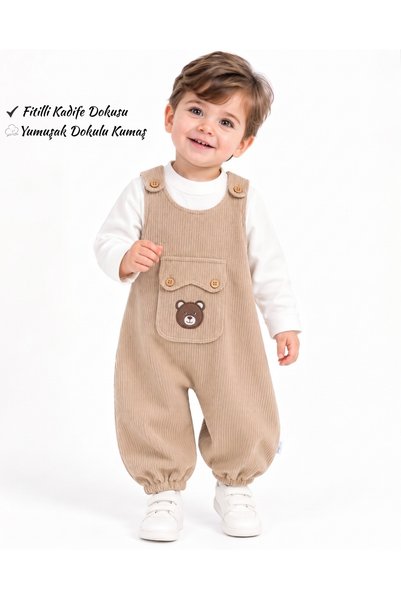 genybaby Boys' Velvet Dungarees Set with Long-Sleeved Bodysuit and Teddy Bear...