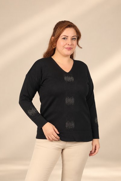 By Saygı Women's V-Neck Plus-Size Knit Blouse embellished with stones on the ...