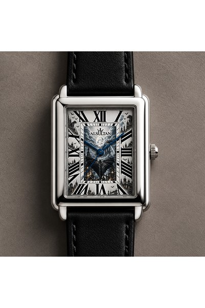 ALSULTAN WATCH ساعة باتمان أركام – تصميم مستوحى من Batman Arkham – ساعة يد مستطيلة بإطار فضي وسوار أسود