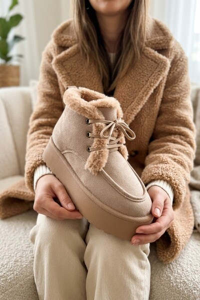 Zerenyus ZRT04MK08 Premium Taupe Color Suede 5 cm Thick Sole Winter Lace-Up B...