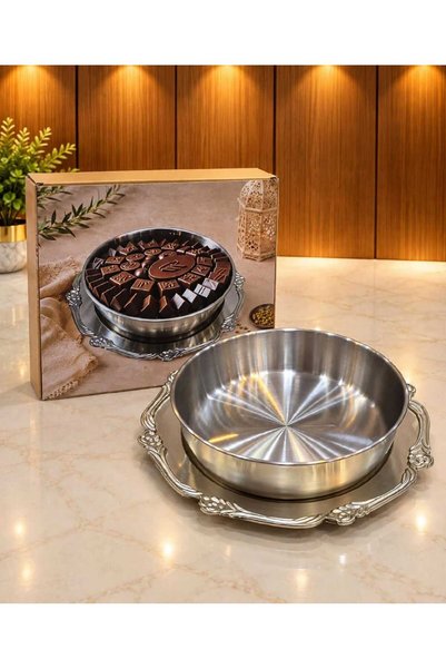 Generic Brand طقم تقديم ستيل مقاس 28 سم صحن عميق بصحن تقديم مزخرف بيدين - صين...