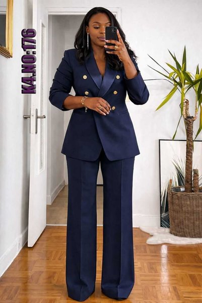Kadın Altın Düğmeli Çift Sıralı Saten Yaka Blazer Ceket Bol Paça Pantolon Takım