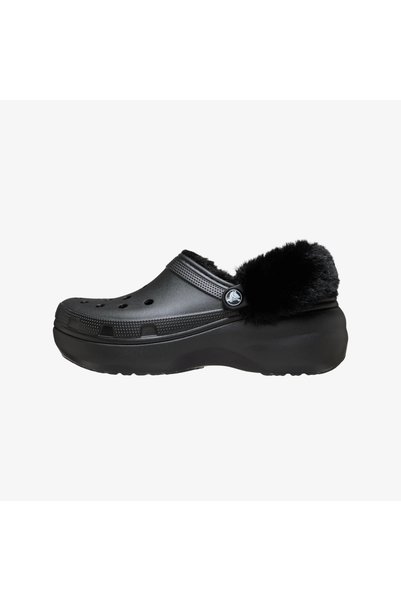 Crocs Saboti clasici cu platformă, căptușiți cu blană, negri (de damă)