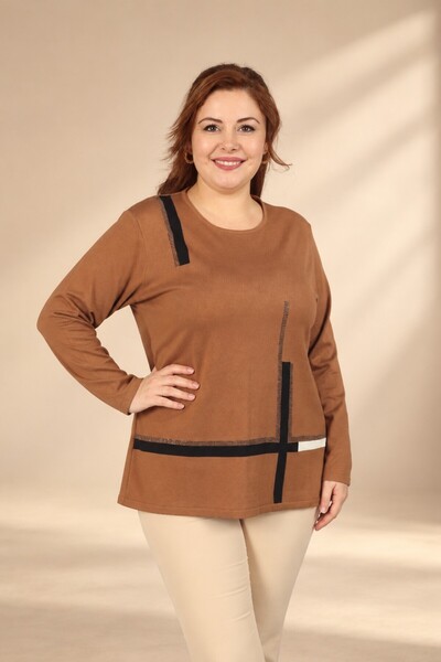 By Saygı Women's Plus-Size Stretch Viscose Knit Blouse with Vertical and Hori...