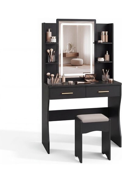 GENERAL Vanity Desk with Lighted Mirror, 4 Shelves, 2 Drawers and 1 Stool, LE...