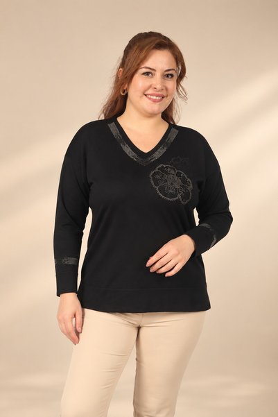 By Saygı Women's V-Neck Blouse embellished with stones on the front and with ...
