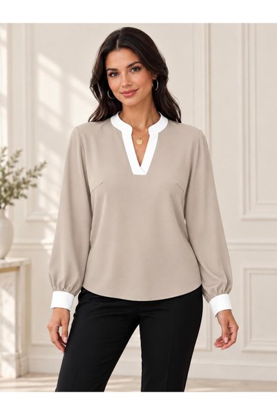 AbiyeSultan Women's Contrast Collar Detailed V-Neck Long Sleeve Stylish Blouse