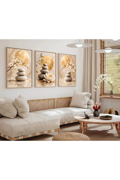 alphobitasarım Set de tablouri decorative cu 3 pietre Gold Zen și flori albe