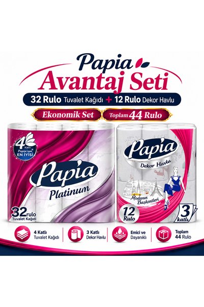 Papia Tuvalet Kağıdı (3 Katlı) 32 Li Pk Platinum + 12 Li Paket Kağıt Havlu De...