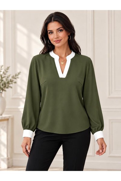 AbiyeSultan Women's Contrast Collar Detailed V-Neck Long Sleeve Stylish Blouse