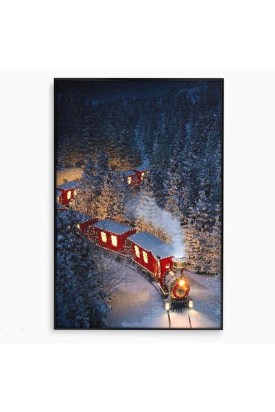 Luxcanva Tablou Canvas Expresul Polar 100x150 cm cu Rama Negru Tren Iarna Padure