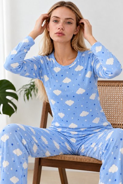 MODAGO Kadın Kışlık Trend Mavi Gecelik Pijama Takımı 4833