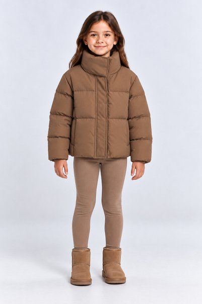 AHENGİM Beige Lilac Girls' Inflatable Coat with Stand Collar, Zipper and Pock...