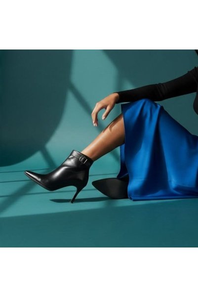 NE&VE SHOES Black Patent Leather Women's Pointed Toe Boots with Accessory Det...