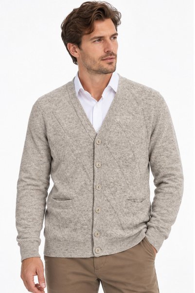 Desen Triko Men’s V-Collar Woven-Patterned Wool Cardigan with Diamond-Pattern...